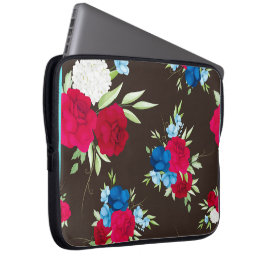 Elegant röd-blå blommönster på mörkbrun laptop fodral