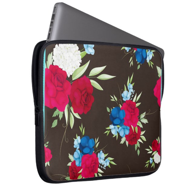 Elegant röd-blå blommönster på mörkbrun laptop fodral (Framsidan Höger)