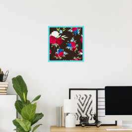 Elegant röd-blå blommönster på mörkbrun poster