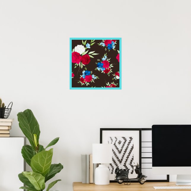 Elegant röd-blå blommönster på mörkbrun poster (Hemmakontoret)