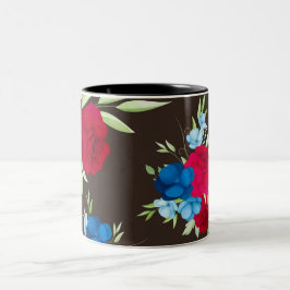 Elegant röd-blå blommönster på mörkbrun Två-Tonad mugg