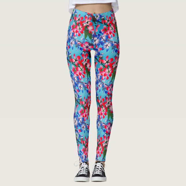 Elegant Röd blå och vit blomma Leggings (Framsida)
