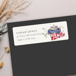 Elegant röd blå tekanna floral tebjudning adress returadress etikett