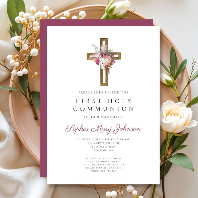 Elegant röd blommig boho-kors första kommunion inbjudningar (Elegant Red Floral Boho Cross First Communion Invitation)