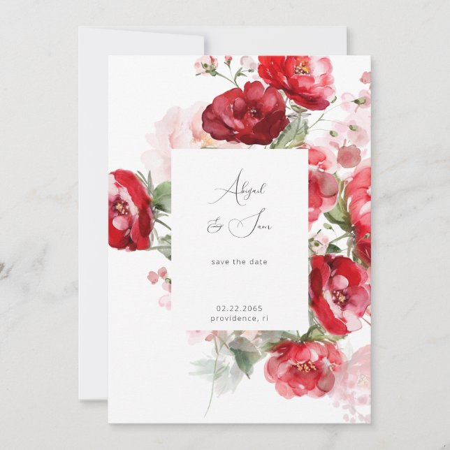 Elegant röd blommig bröllopsinbjudan Save the Date Spara Datumet (Framsida)