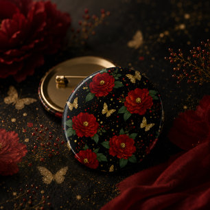 Elegant röd blommig & guld fjäril knapp