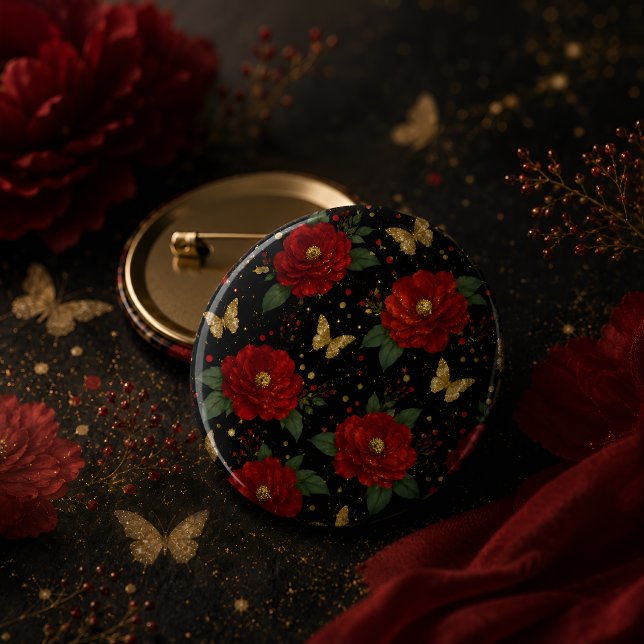 Elegant röd blommig & guld fjäril knapp (Skapare uppladdad)
