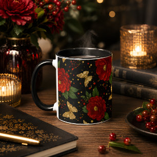 Elegant röd blommig & guld fjäril mugg