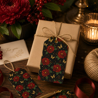 Elegant röd blommig guld fjäril presentetikett