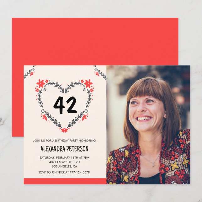 Elegant röd blommig hjärta för hennes 42-årsdag inbjudningar (Fram/baksida)