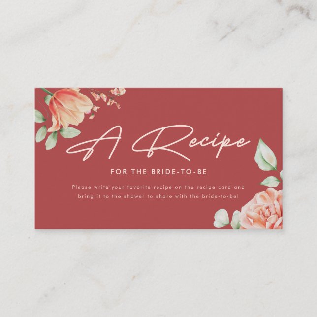 Elegant röd blommig script "Recept för bruden" Tilläggskort (Framsida)