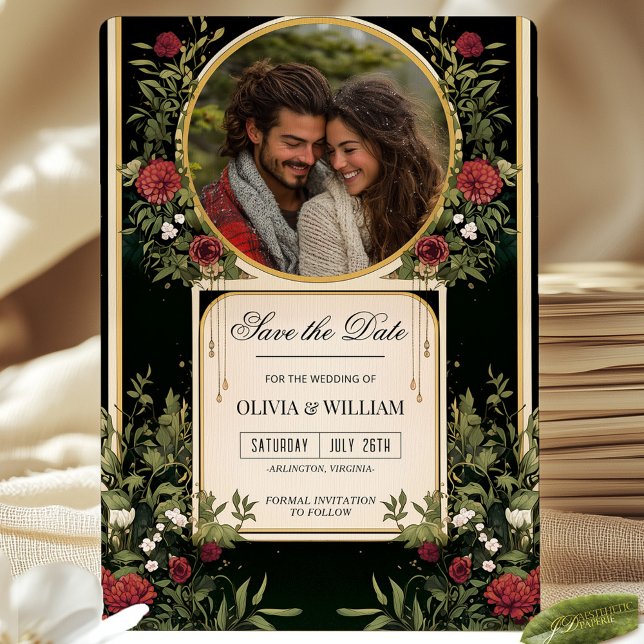 Elegant Röd Blommig Svart och Guld Save the Date I Inbjudningar (Skapare uppladdad)
