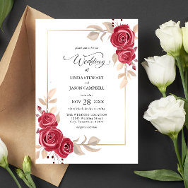 Elegant röd blommig vigselinbjudan med guldram inbjudningar