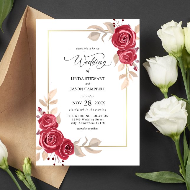 Elegant röd blommig vigselinbjudan med guldram inbjudningar (Elegant red floral gold frame invitation adds rich romance and sets a luxe wedding tone.)