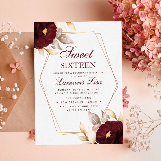 Elegant Röd Blommigt Sweet sixteen 16 Födelsedag Inbjudningar (Skapare uppladdad)