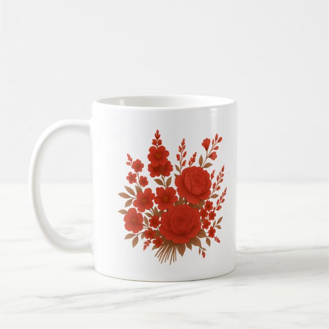 Elegant röd blomsterbukett med romantiska rosor kaffemugg (Vänster)