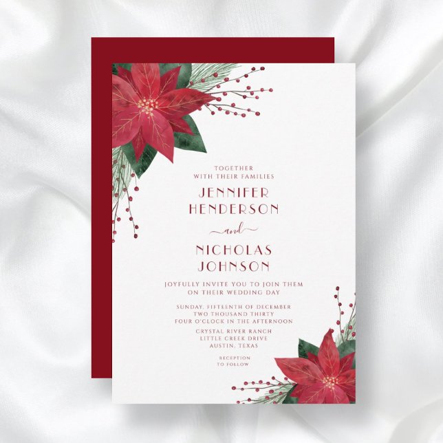 Elegant röd blomsterjulstjärna jul bröllop inbjudningar (Skapare uppladdad)