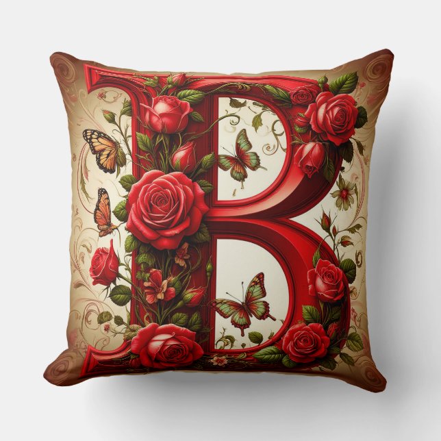 Elegant röd bokstav B med rosor och fjäril Kudde (Framsida)