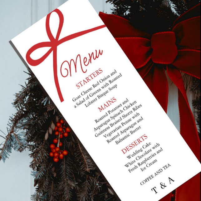 Elegant röd bows bröllopsmeny meny (Elegant Red Bow Wedding Menu #zazzlemade #christmas #weddingmenu #dinner #redbowmenu #blackred)