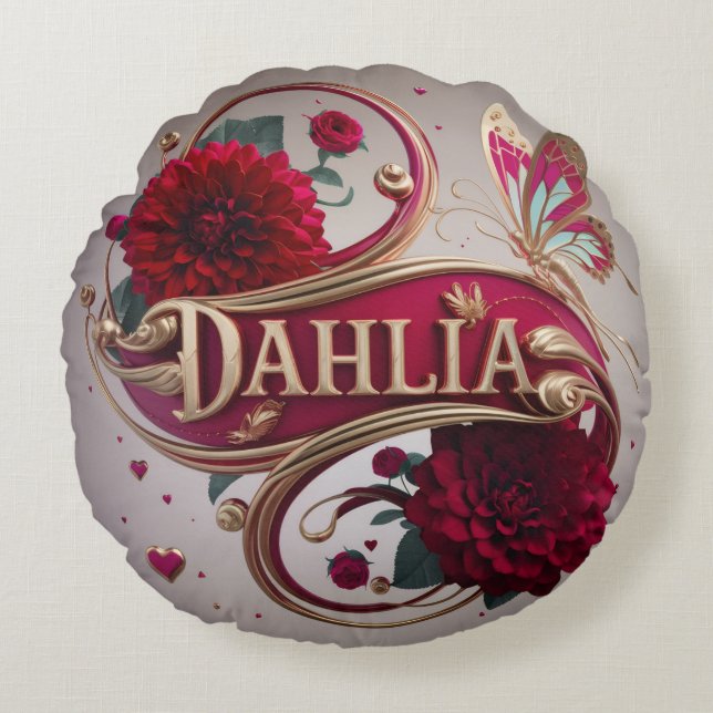 Elegant röd Dahlia-blomma konst  Rund Kudde (Framsidan)