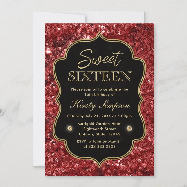 Elegant röd falsk glitter & guld vinter Sweet 16 Inbjudningar (Framsida)
