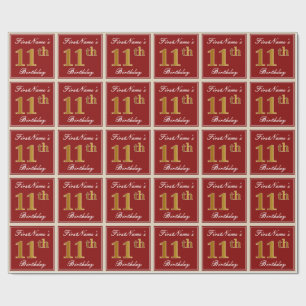 Elegant, röd, falsk guld 11-årsdag; Anpassat namn Presentpapper
