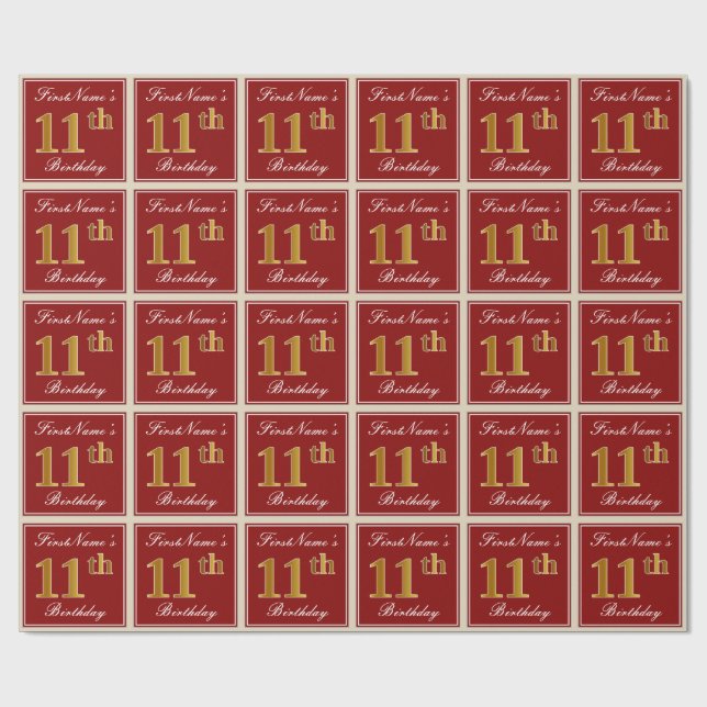 Elegant, röd, falsk guld 11-årsdag; Anpassat namn Presentpapper (Platt)