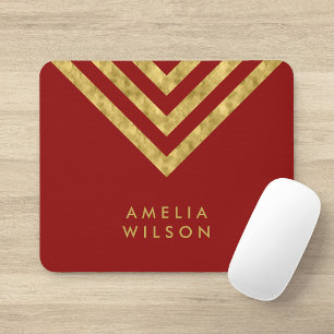 Elegant Röd Falsk Guld Namn Chevron Geometrisk Musmatta