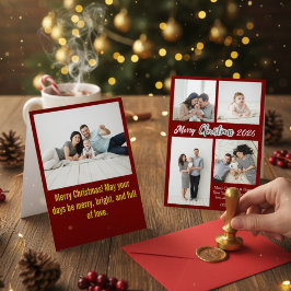 Elegant röd familjefotokollage julfirande julkort