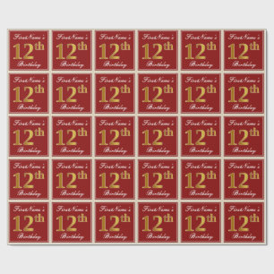 Elegant, röd, faux Guld 12:e Birthday; eget namn Presentpapper