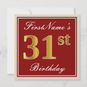 Elegant, röd, Faux Guld 31a Birthday Anpassat namn Inbjudningar