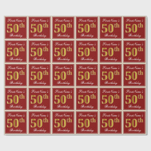 Elegant, röd, faux Guld 50:e födelsedagen. Anpas Presentpapper