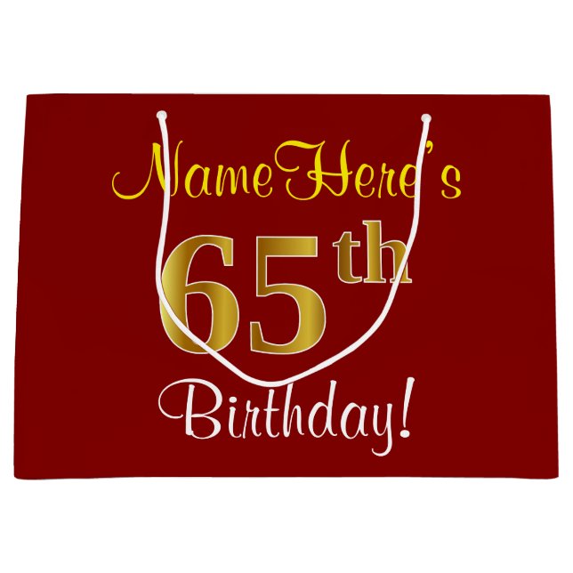 Elegant, röd, faux Guld 65e Birday; Anpassat namn (Framsidan)