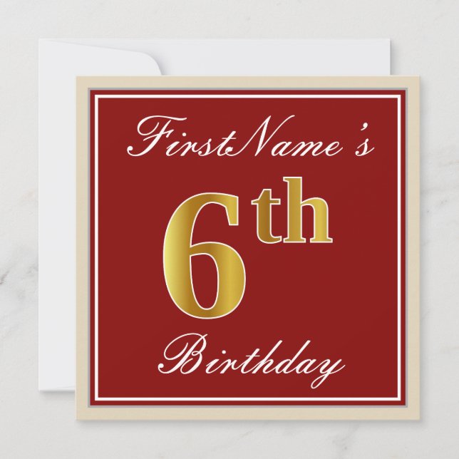 Elegant, röd, faux Guld 6e Birthday + eget namn Inbjudningar (Framsida)