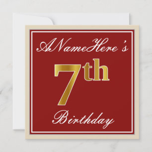 Elegant, röd, faux Guld 7:e Birthday + eget namn Inbjudningar