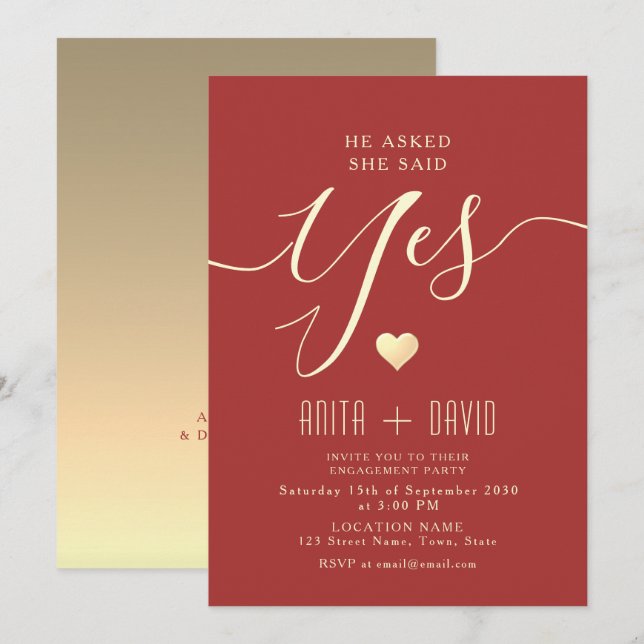 Elegant röd förlovningsfest  inbjudningar (Fram/baksida)