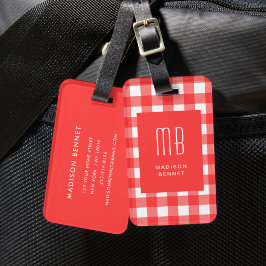 Elegant röd gingham-monogram bagagebricka