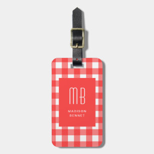 Elegant röd gingham-monogram bagagebricka