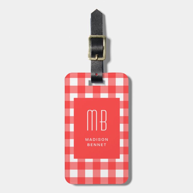 Elegant röd gingham-monogram bagagebricka (Vertikal Framsida)