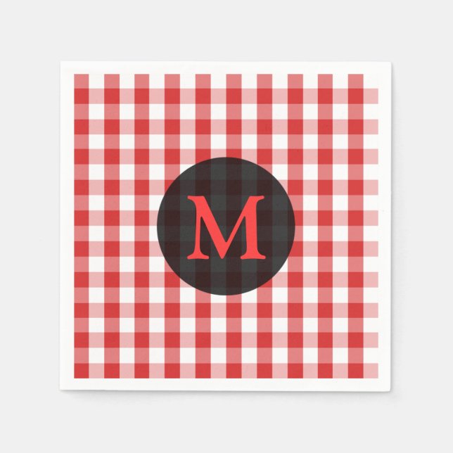 Elegant röd gingham-mönster personlig monogram pappersservett (Framsidan)