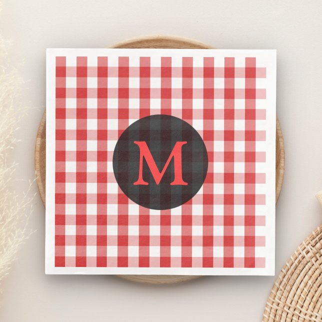 Elegant röd gingham-mönster personlig monogram pappersservett (Skapare uppladdad)
