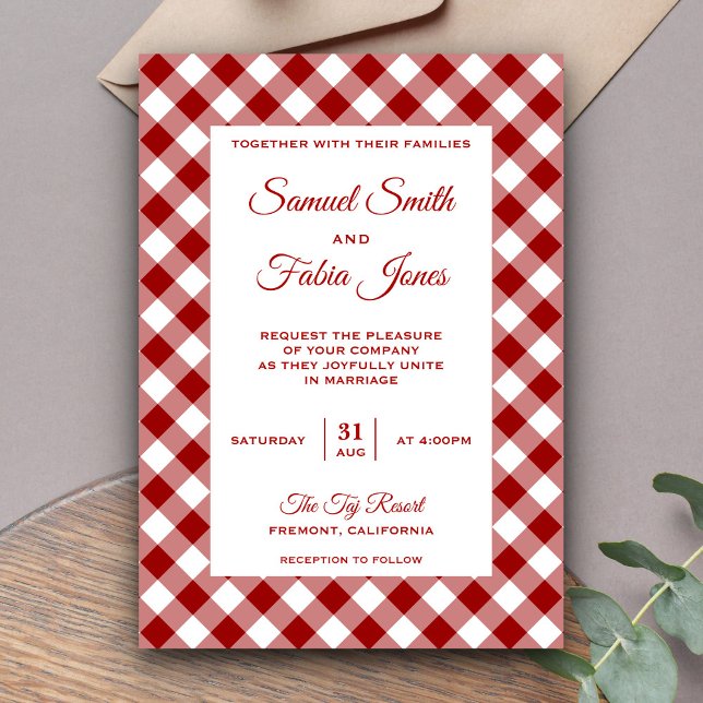 Elegant röd gingham-mönstrad bröllopsinbjudan inbjudningar (Skapare uppladdad)
