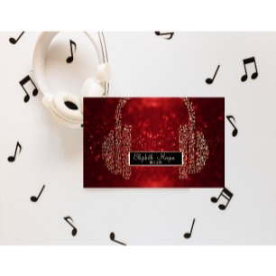 Elegant röd glitter-bokeh, musiknoter hörlurar DJ Visitkort