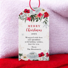 Elegant röd grön blomster snöflinga jul presentetikett