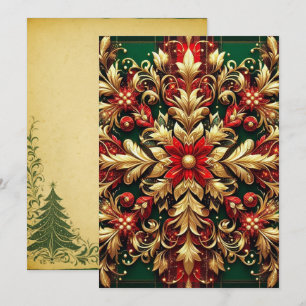 Elegant röd grön guld julplaid julkort