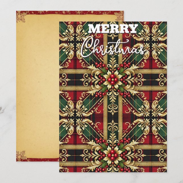 Elegant röd grön guld julplaid  julkort (Fram/baksida)