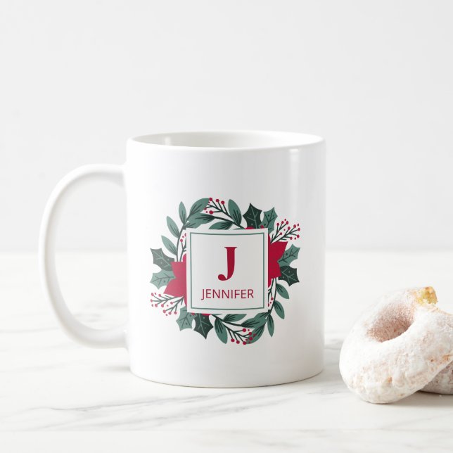 Elegant röd grön julkransmonogram initial  kaffemugg (Med munk)