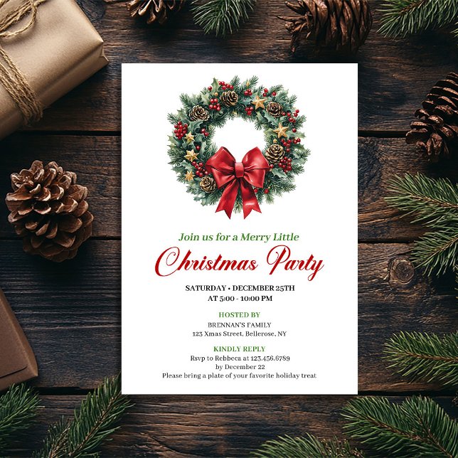 Elegant röd grön tallkrans festlig inbjudan (Elegant Red Green Pine Wreath Party Invitation)