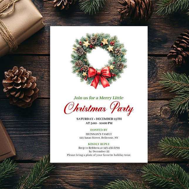Elegant röd grön tallkrans julfest kort (Chic Red Green Pine Wreath Christmas Party Card)