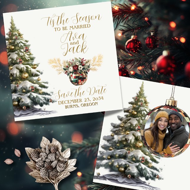 Elegant röd & grön Tis the Season to be Married Spara Datumet (Tis the Season to Be Married Save the Date)